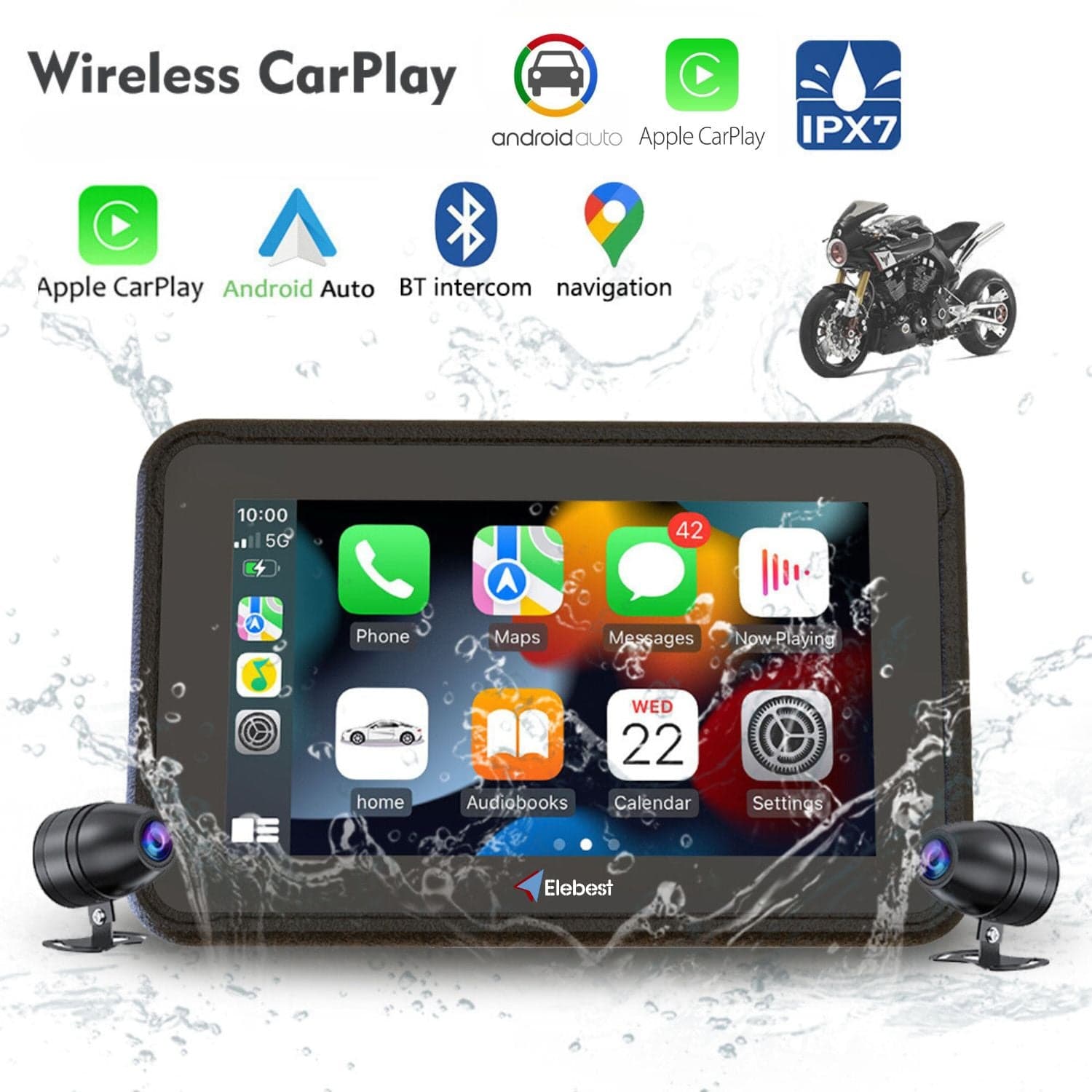 Elebest 5 Zoll CarPlay C150 Motorrad - Navi mit Rückfahrkamera Apple CarPlay elebest